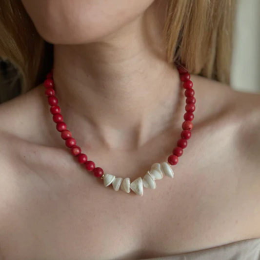 Red Coral Shell Necklace | Summer Sunset Pendant