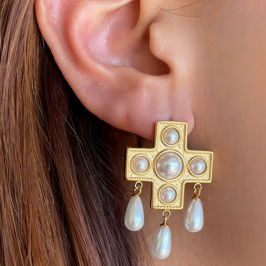 Golden Earrings Pearl Cross