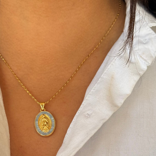 Oval Necklace Virgin Mary Enamel Sky
