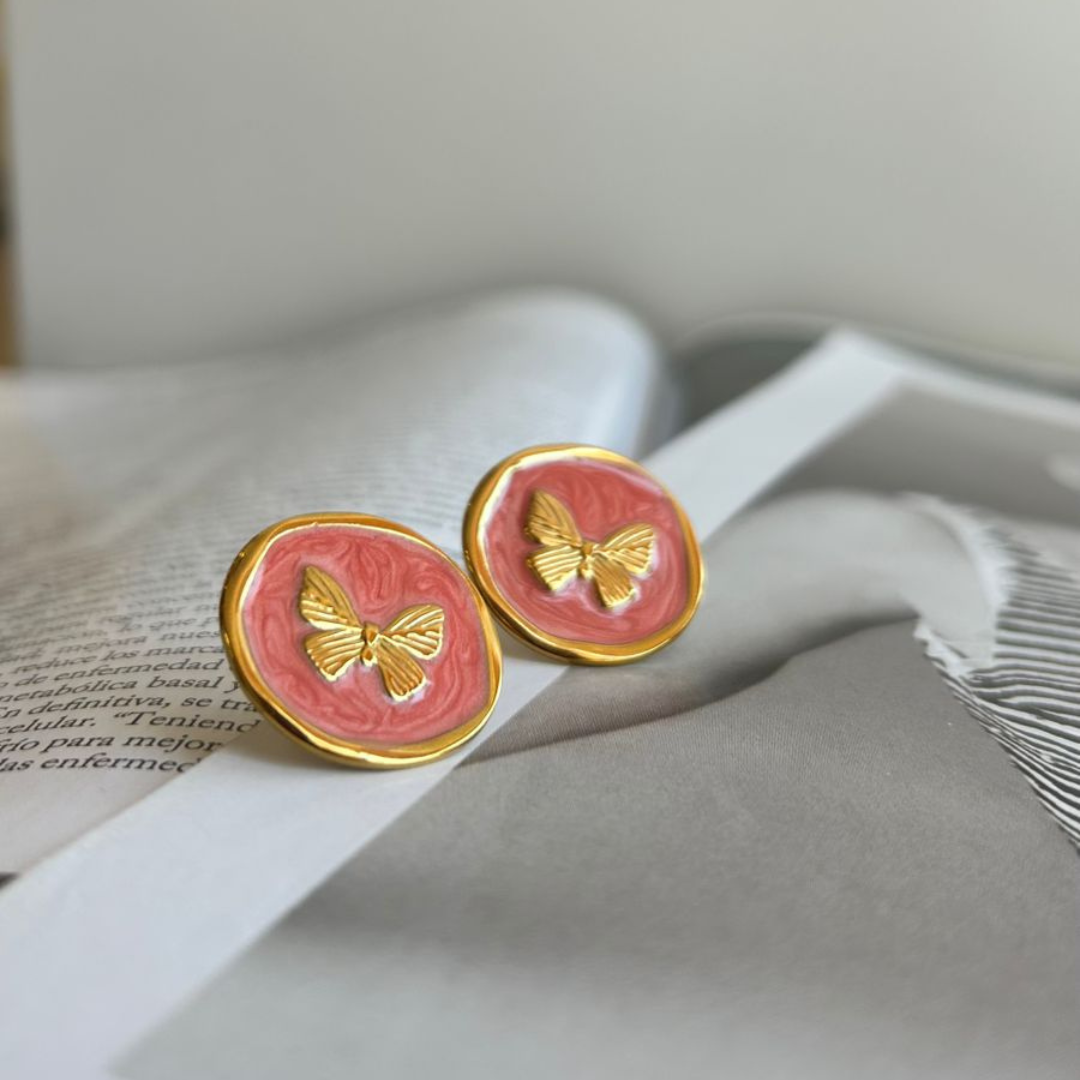 Mini Butterfly On Button Pink Earrigs