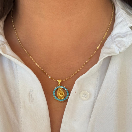 Spark Blue Virgin Mary Golden Necklace
