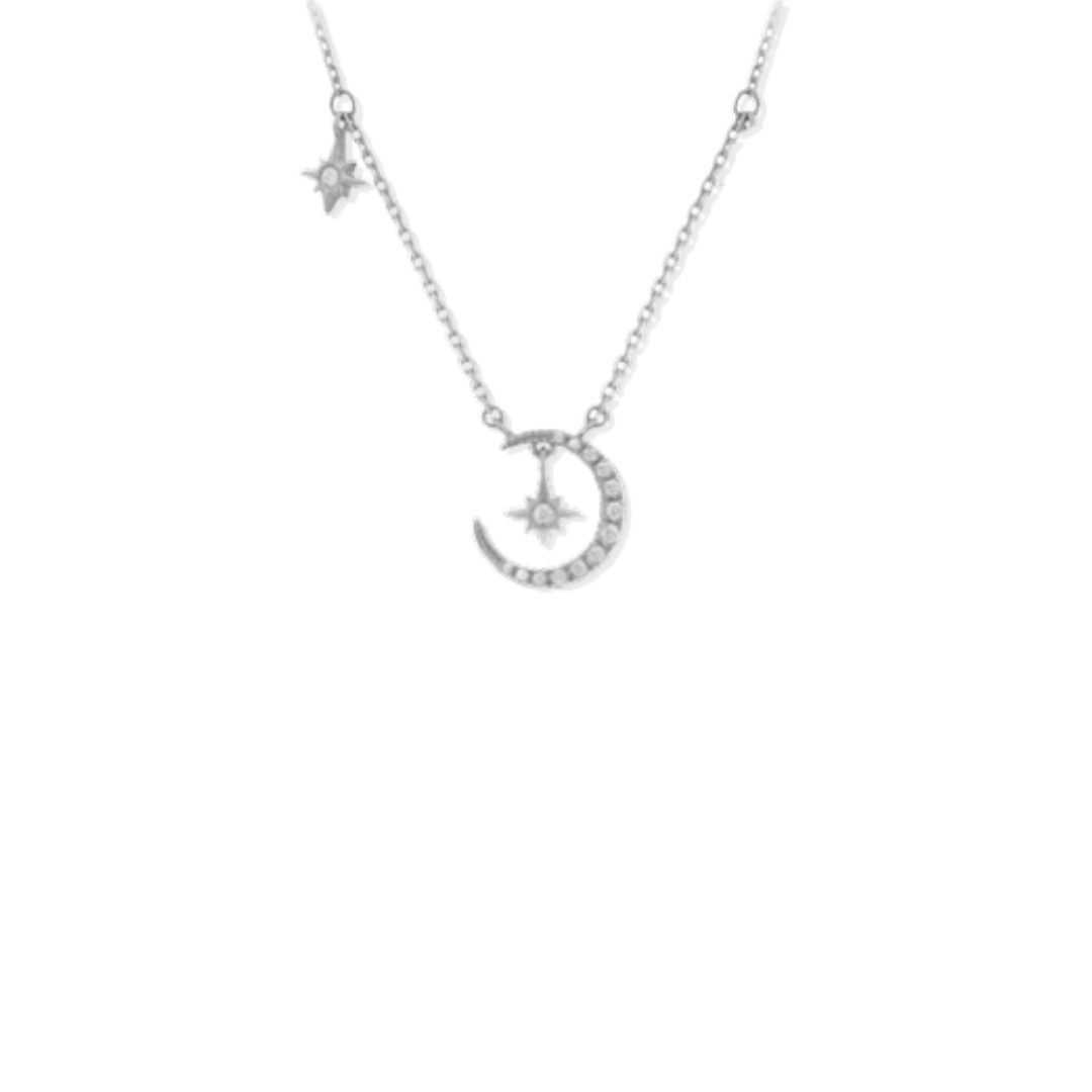 Moon Double Star Silver Necklace