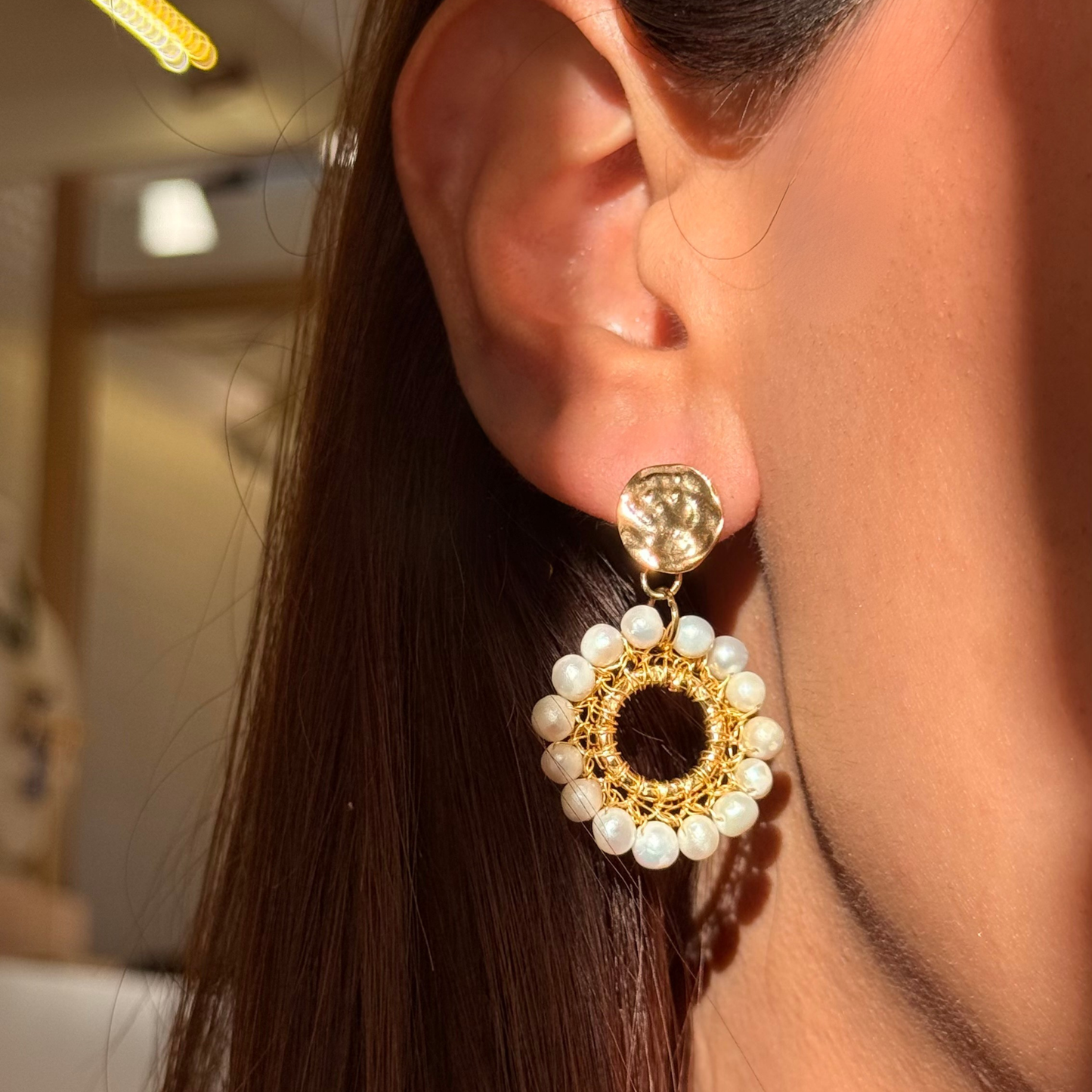 Arete Tejido Circular Chico Perlas