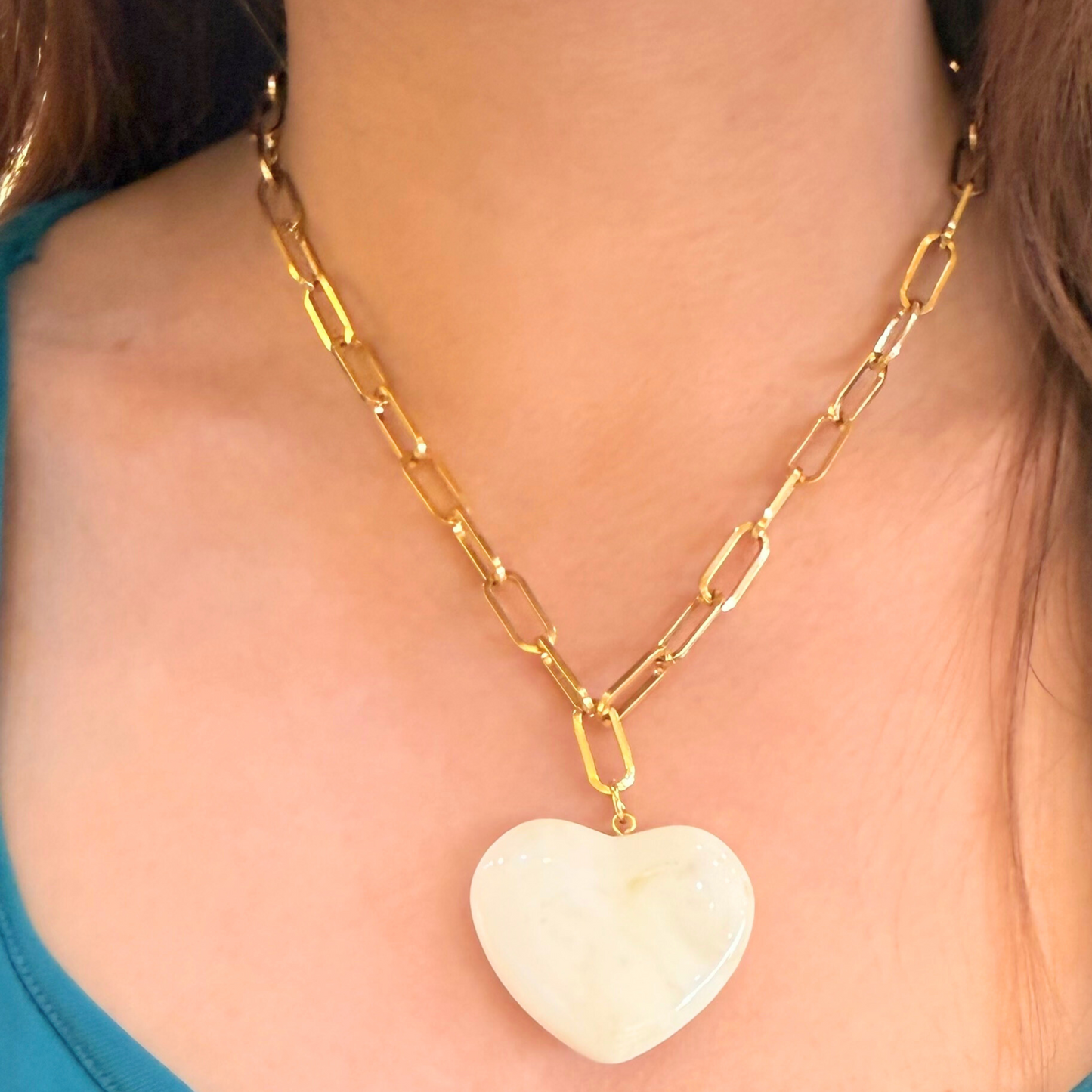 Golden Heart Enamel White Necklace