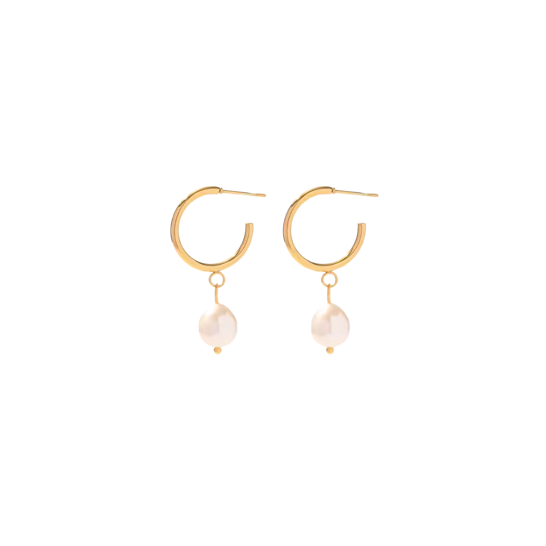 Pearl drop golden hoops