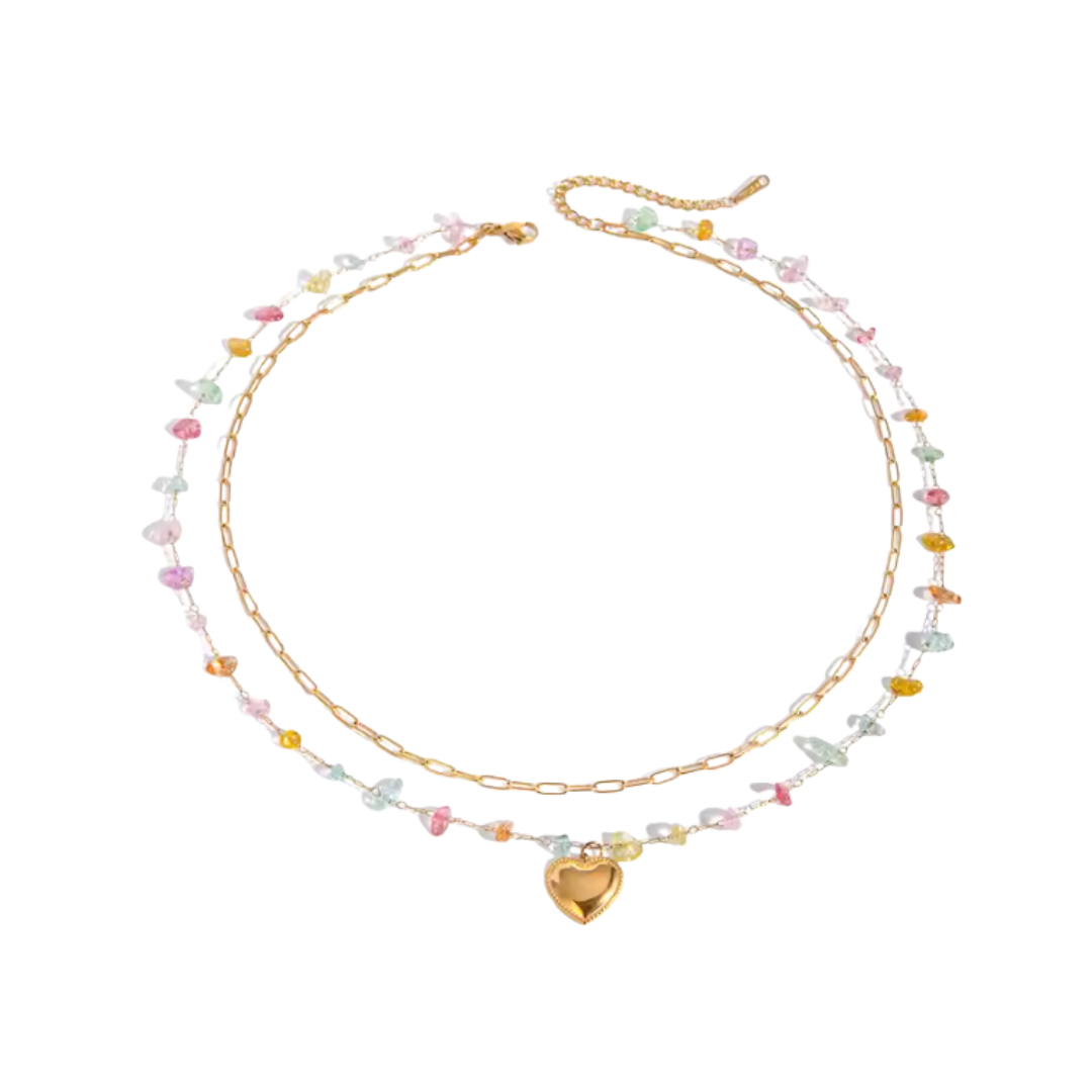 Colorful stones heart double necklace