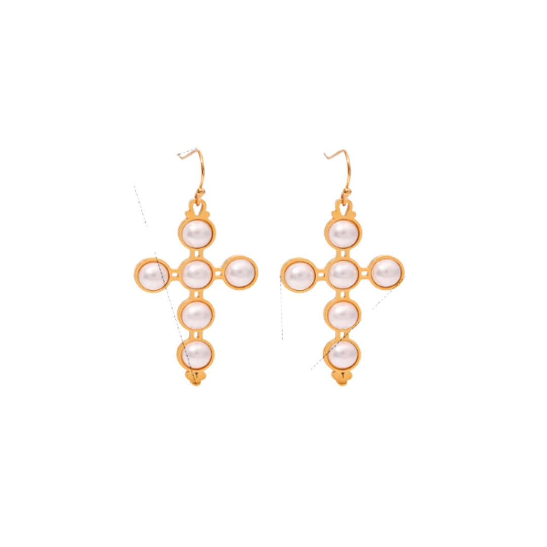 Cross pearl drop golden earrings