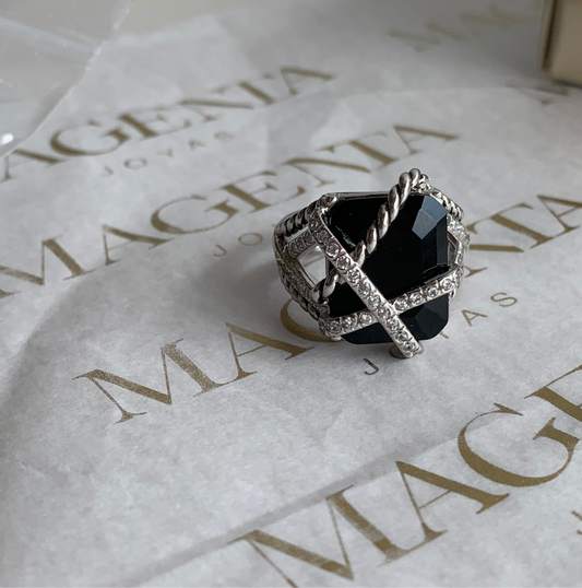 Onyx david interlock silver ring
