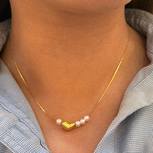 Pearl And Heart Golden Necklace