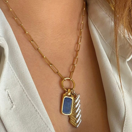 Dual Charm And Lapizlasuli Gold Necklace