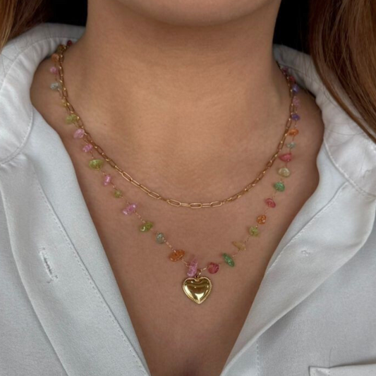 Colorful stones heart double necklace