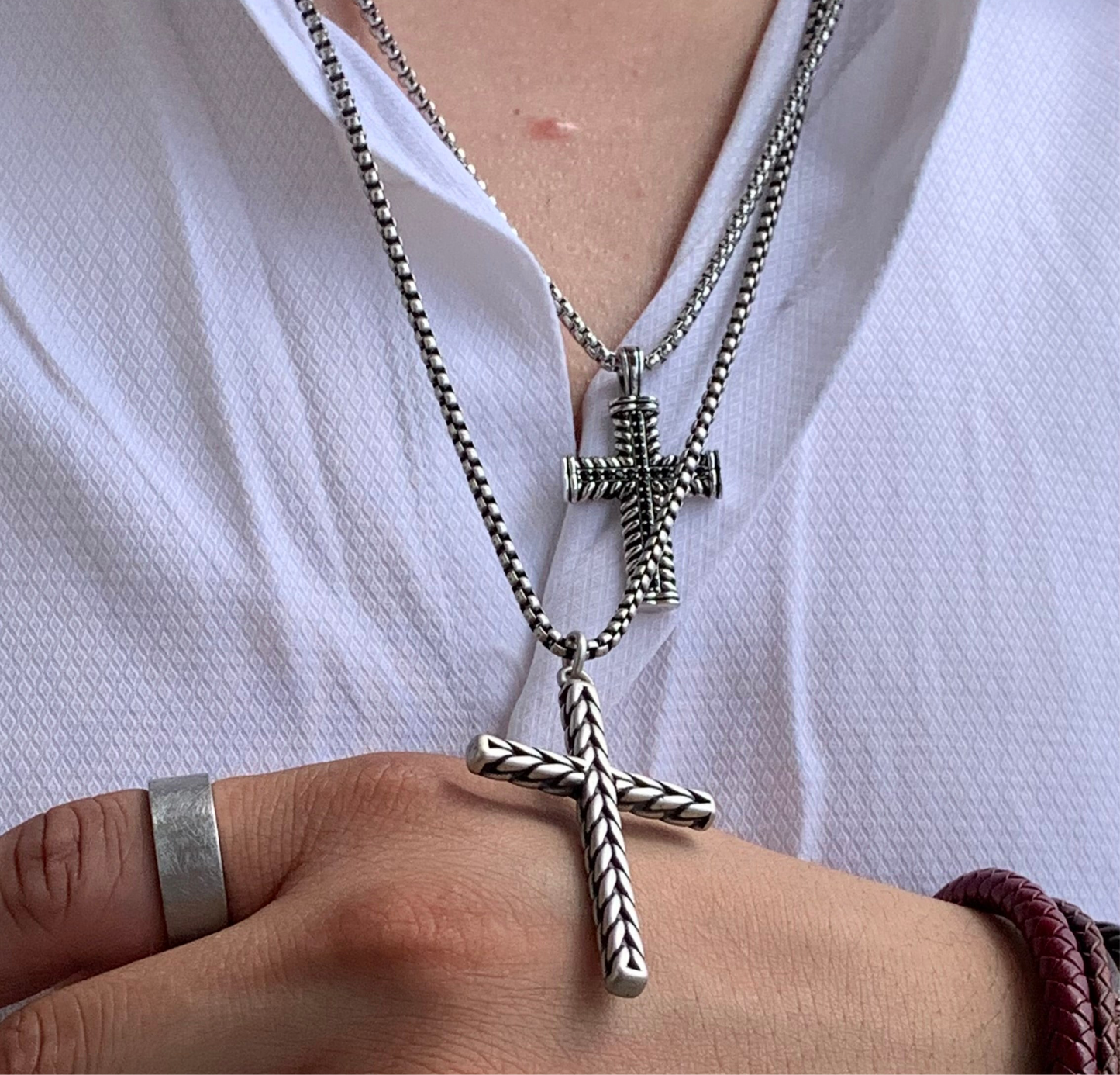 David silver black braided cross necklace