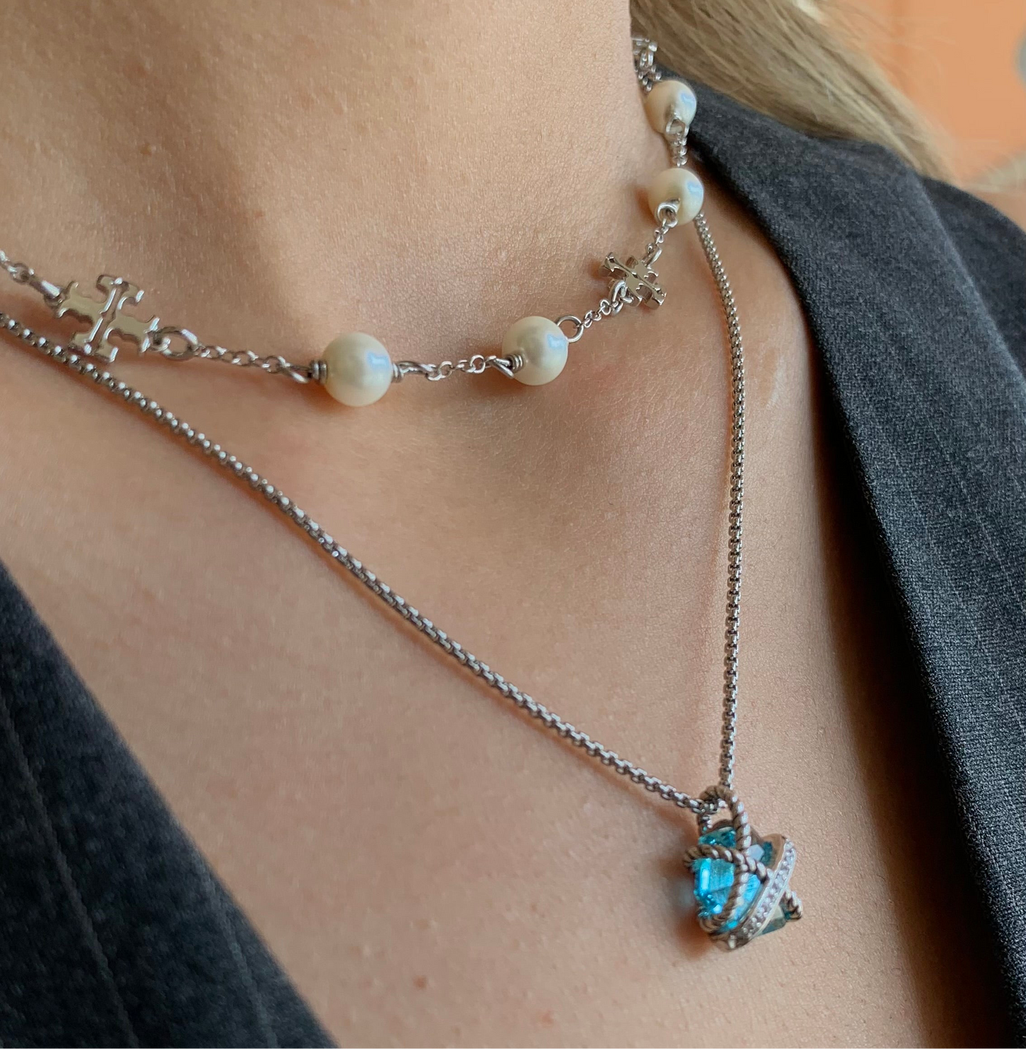Blue crystal david interlock silver necklace