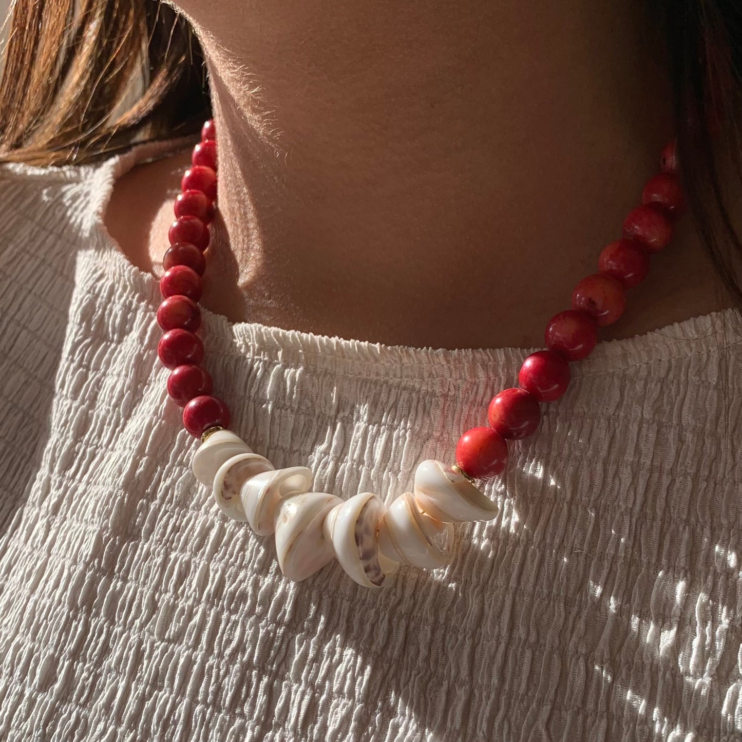 Red Coral Shell Necklace | Summer Sunset Pendant