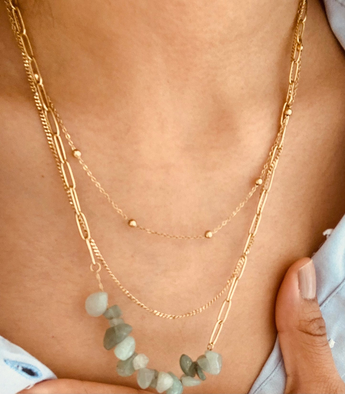 Collar triple cuarzo verde