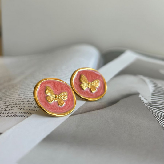Mini Butterfly On Button Pink Earrigs