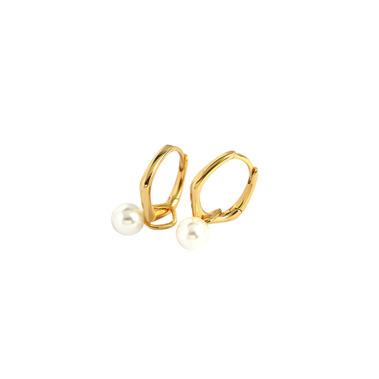 Golden Geometric Pearl Hoops