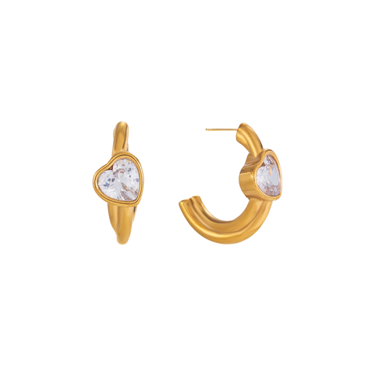 Bezel Heart Golden Hoops