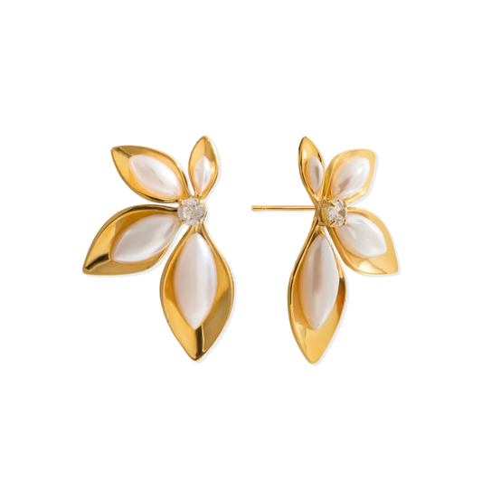 Half Flower Pearl Golden Earrings