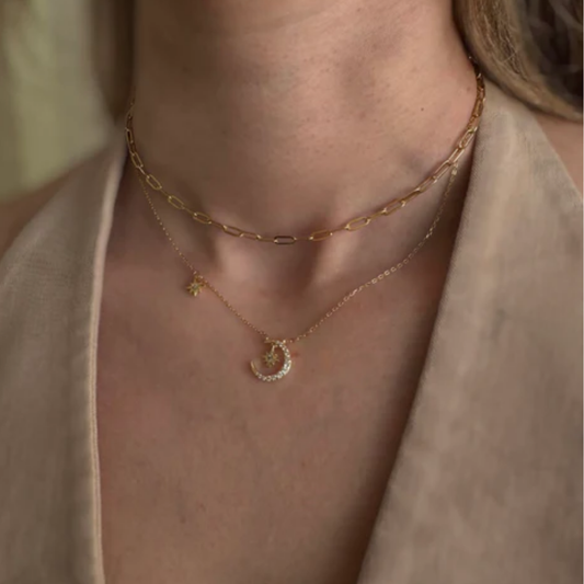 Moon Double Star Gold Necklace