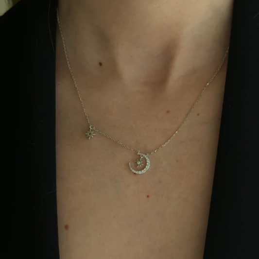 Moon Double Star Silver Necklace