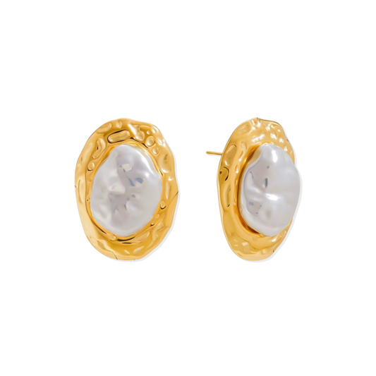 Oval Textured Pearl Golden Earrings