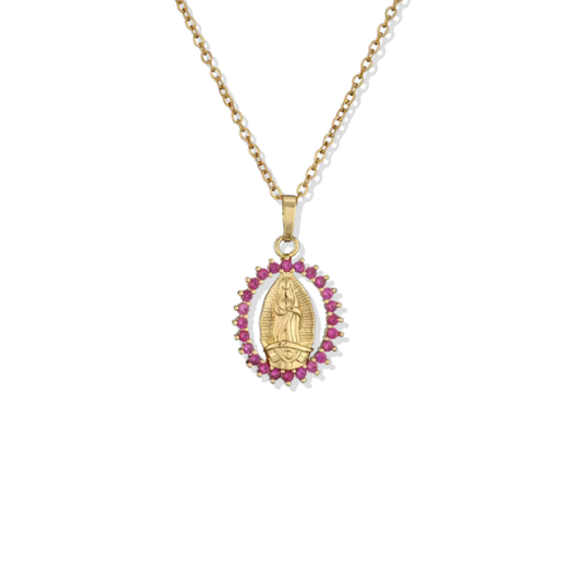 Hot Pink Stones Virgin Mary Necklace