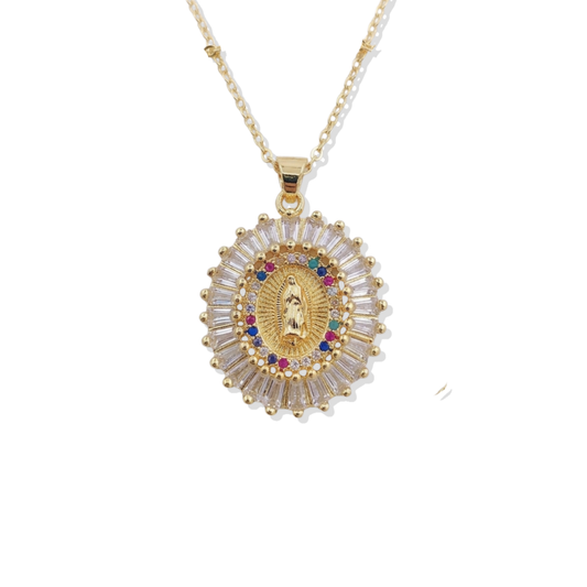 Big White N Colorful Stones Virgin Mary Necklace