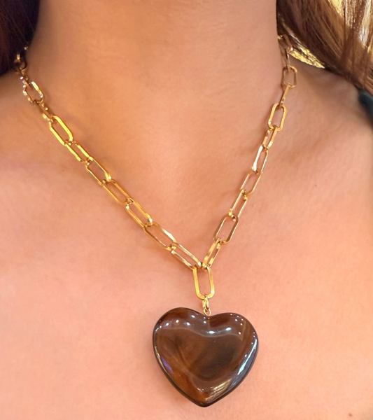 Golden Heart Enamel Brown Necklace