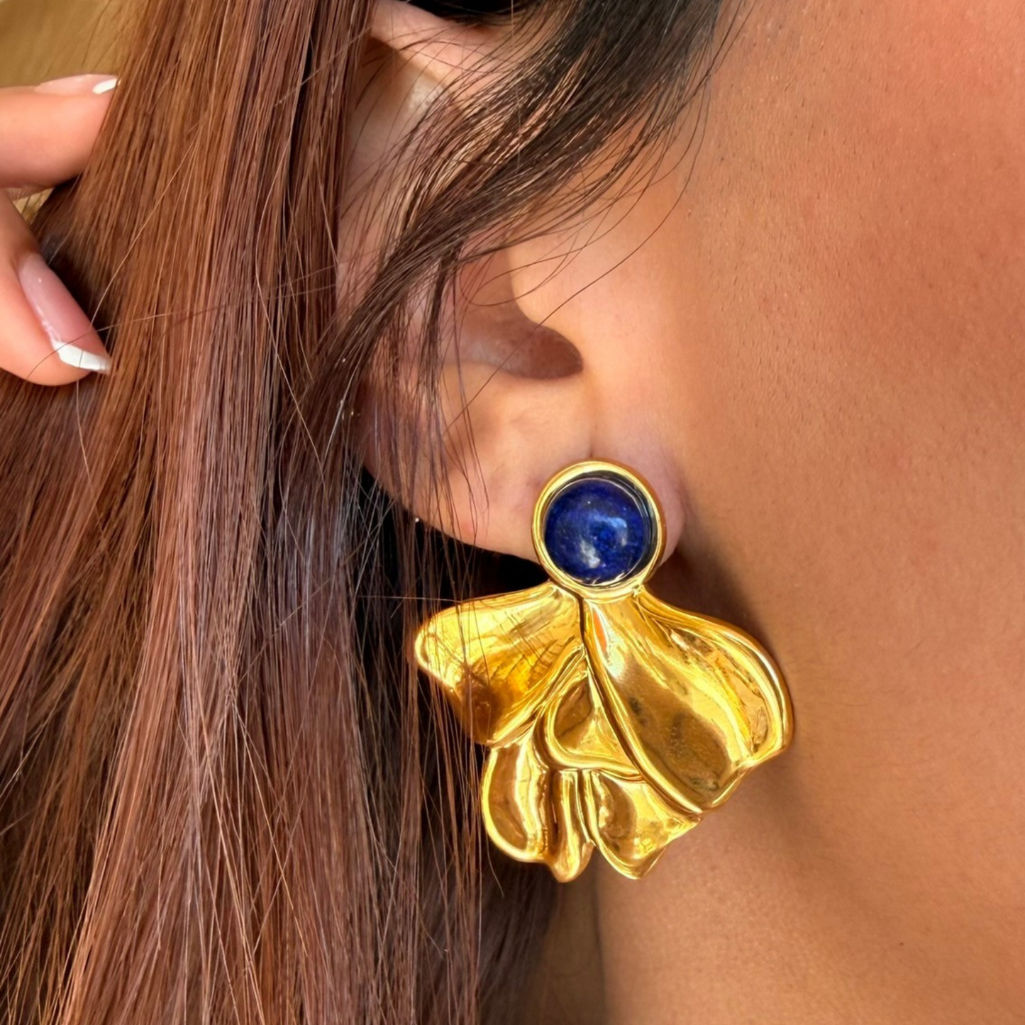 Gold Earrings With Blue Leaf