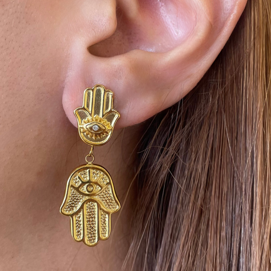 Golden earrings hamsa hand