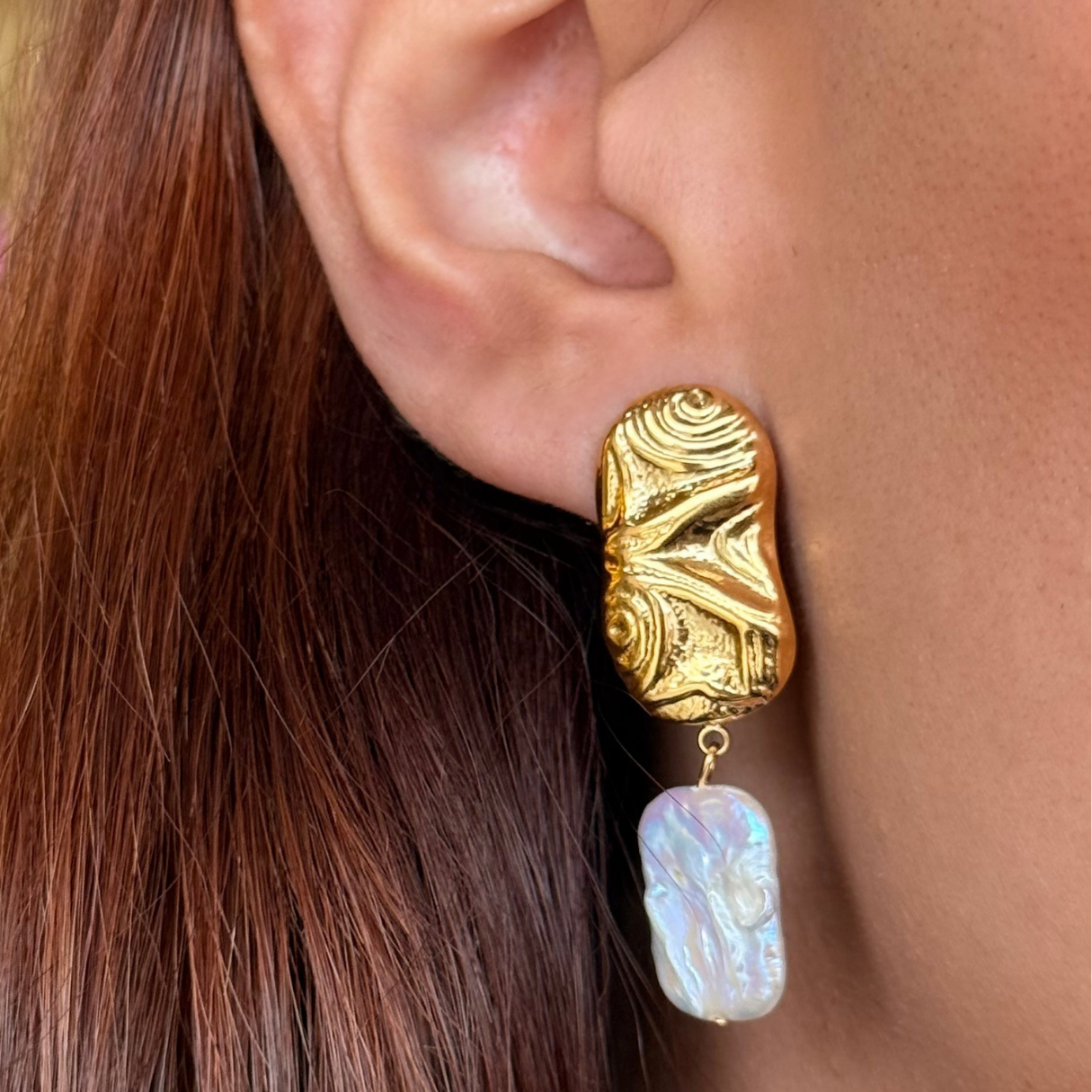 Oval  Golden Pearl Drop Earrings