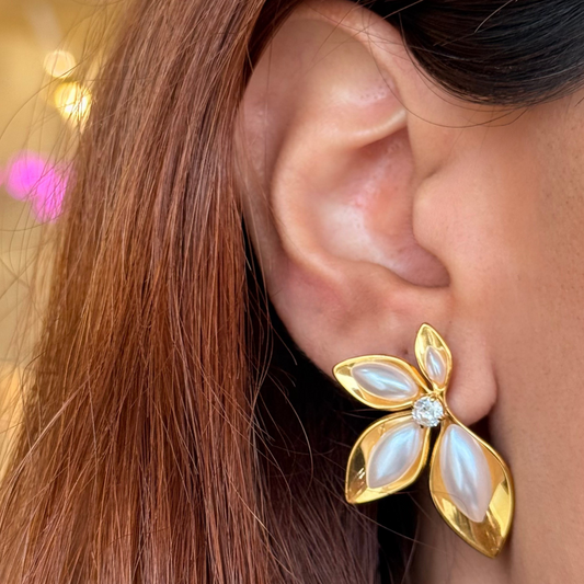 Half Flower Pearl Golden Earrings