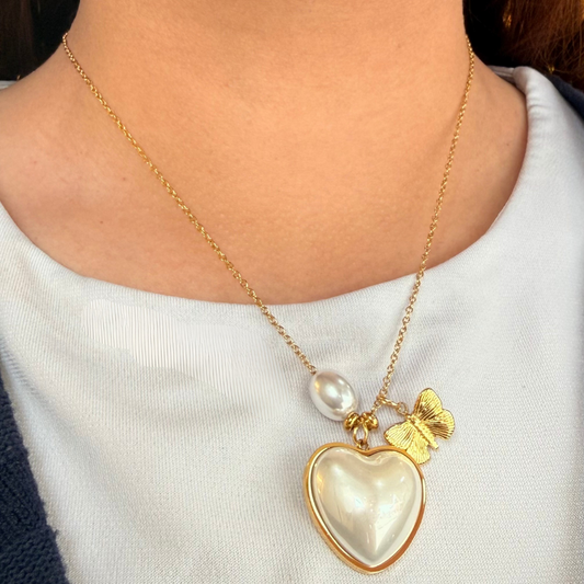 Golden Charm Pearl Heart Necklace