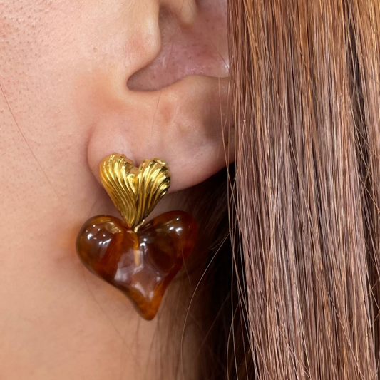 Double heart golden brown earrings