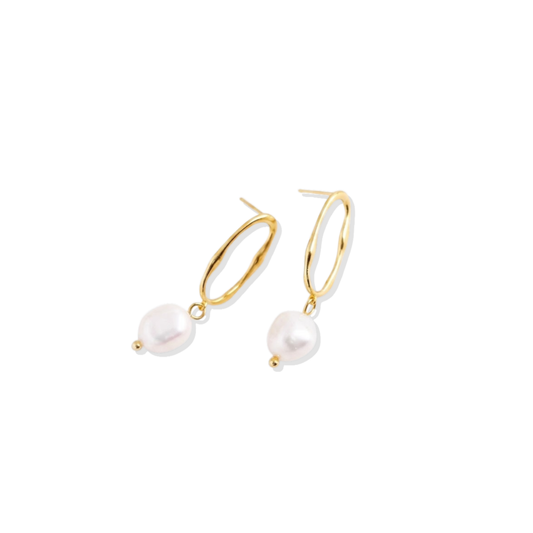 Golden Oval Pearl Drop Hoops