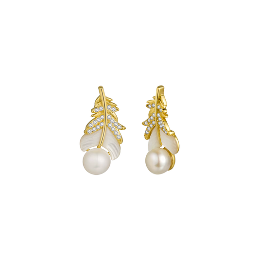 Golden Leaf Pearl Earrings