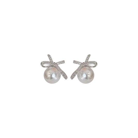 Silver Bow Pearl Studs
