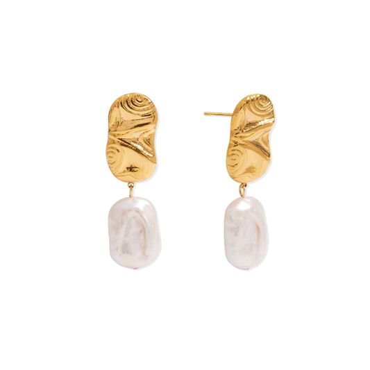 Oval  Golden Pearl Drop Earrings
