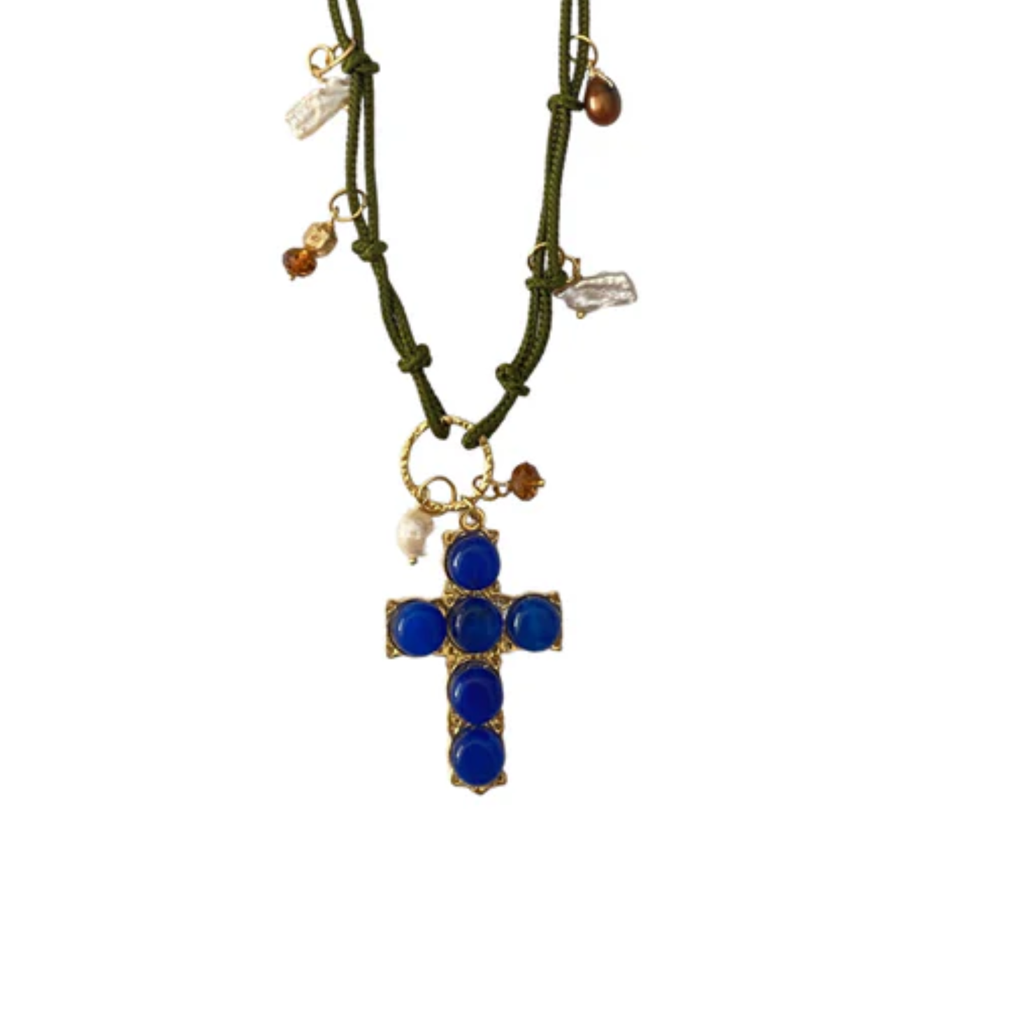 Collar Corto Con Perlas, Cristal Y Dije De Cruz