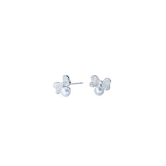 Mini Silver Bow Pearl Studs
