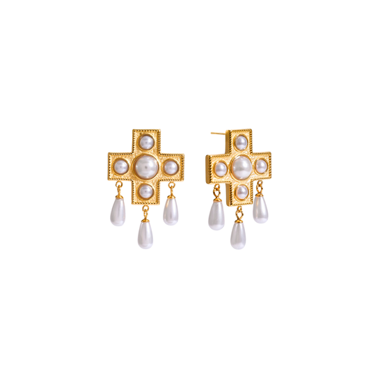 Golden Earrings Pearl Cross