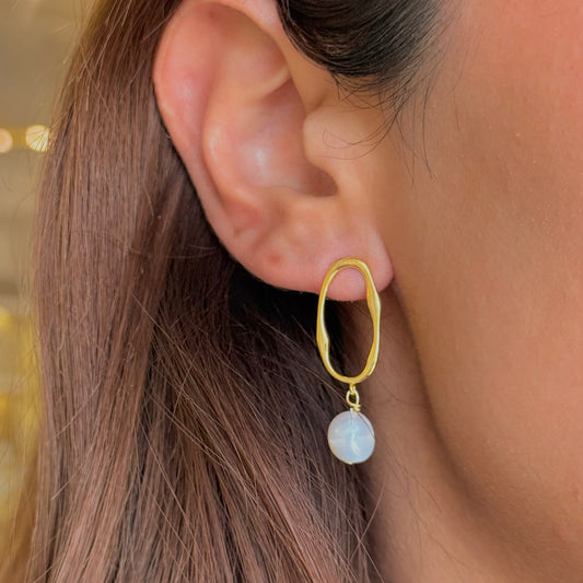 Golden Oval Pearl Drop Hoops