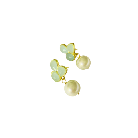Aretes Perla Y Flor Verde