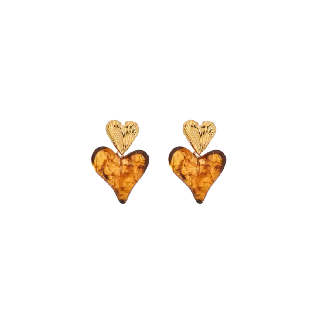 Double heart golden brown earrings