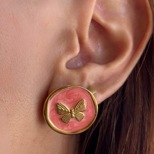 Mini Butterfly On Button Pink Earrigs