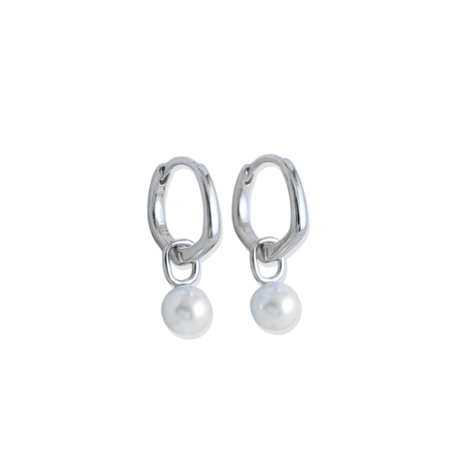 Silver Pearl Drop Hoops