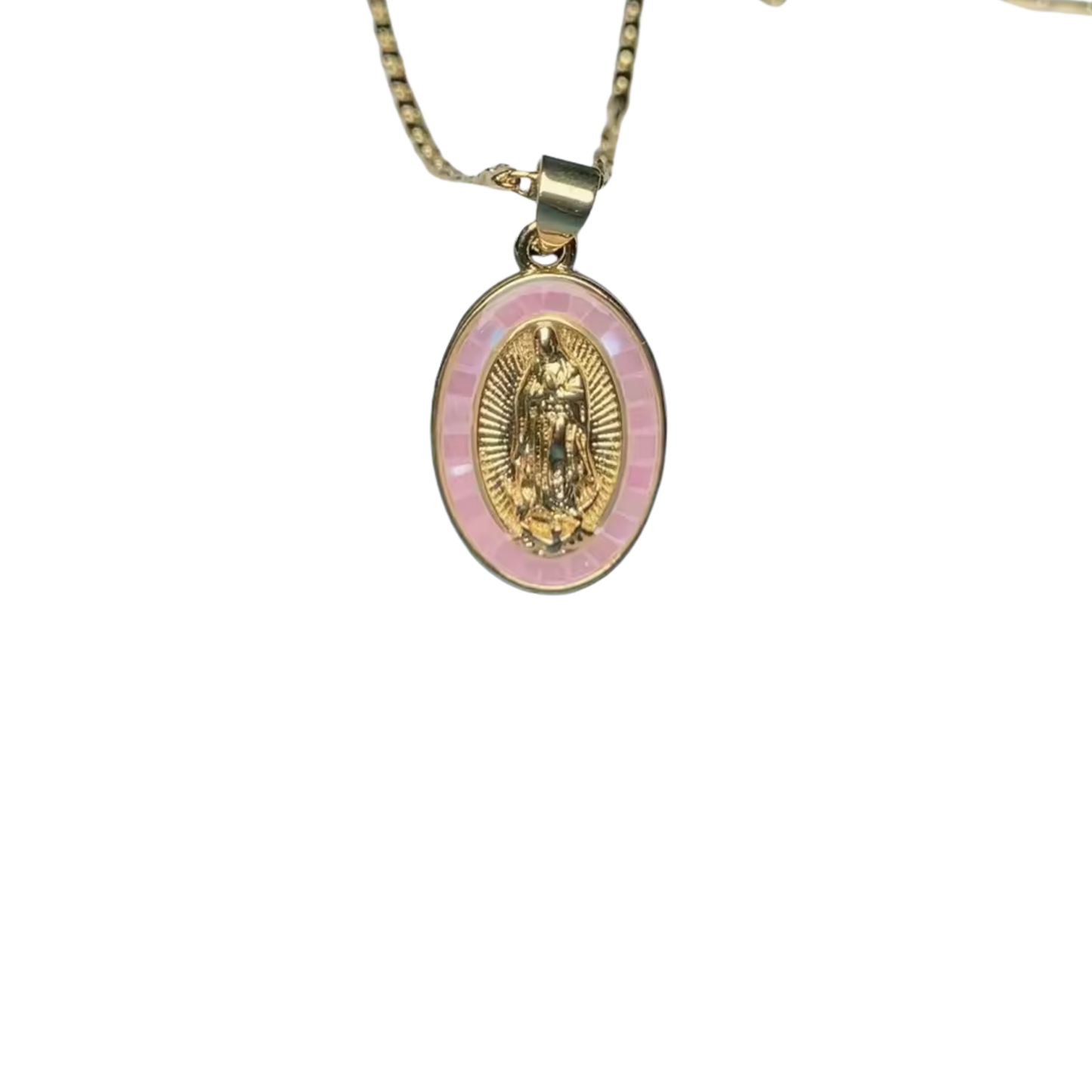 Oval Necklace Virgin Mary Enamel Pink