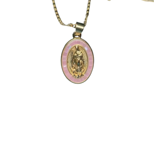 Oval Necklace Virgin Mary Enamel Pink