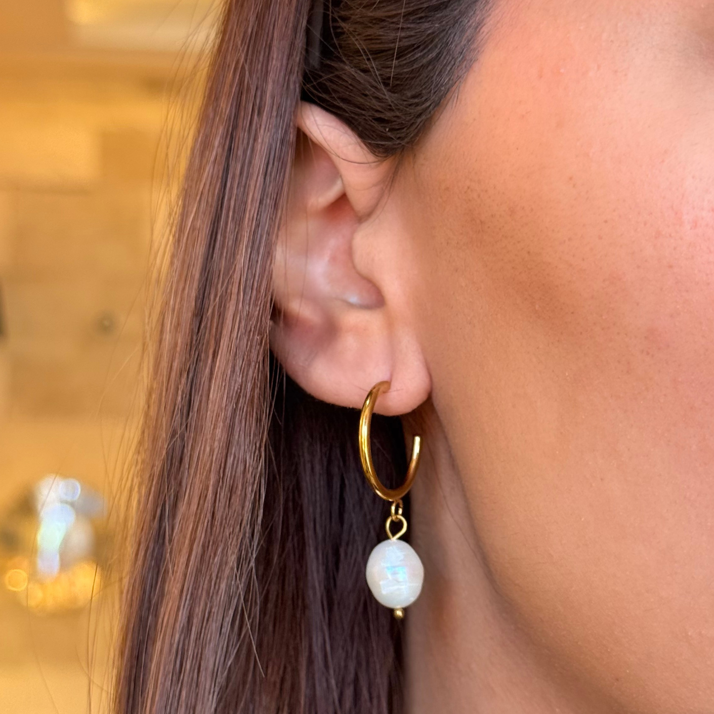Pearl drop golden hoops